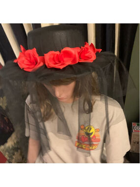 Black Felt Hat with Veil and Red Floral Band